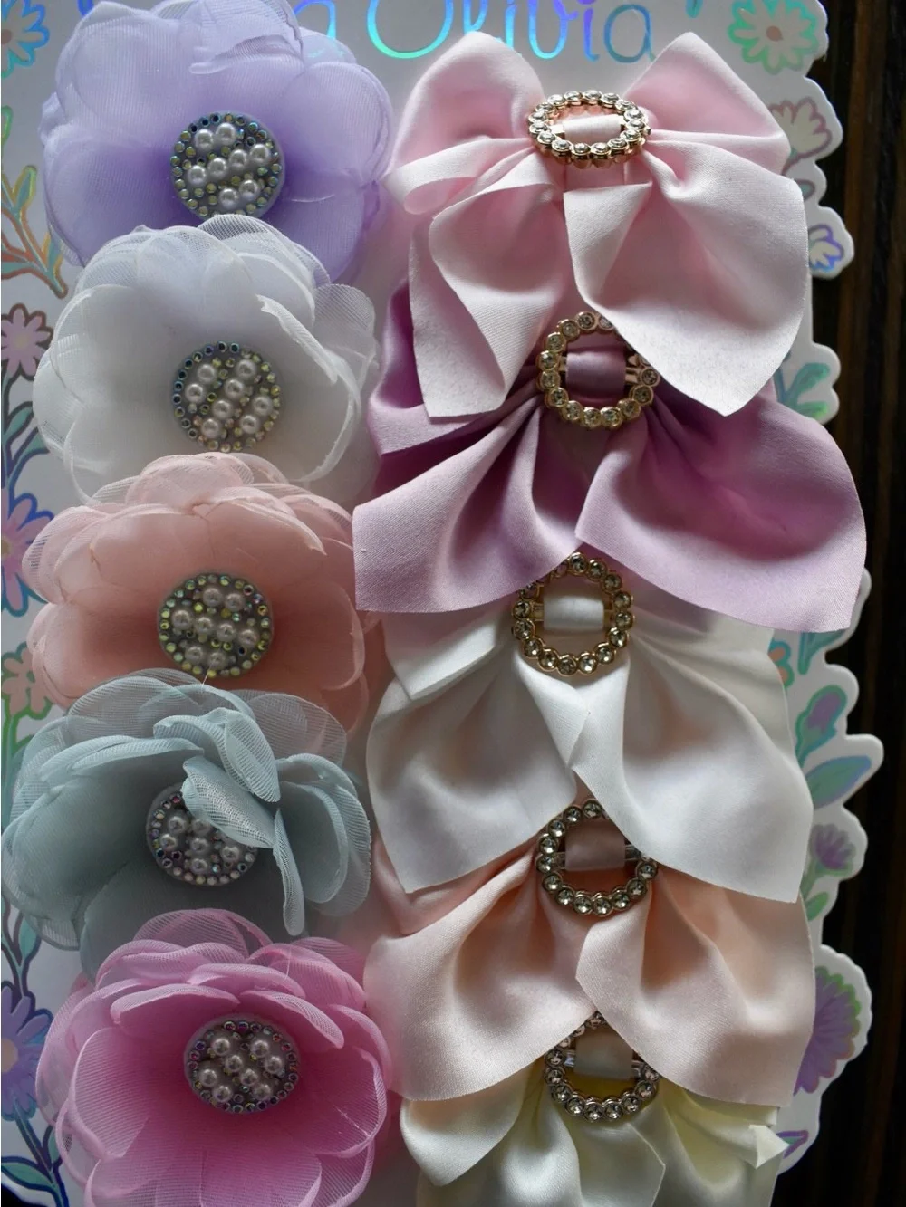 Girls' Pastel Flower & Bow Hair Clip Set — Pink, Lavender, White, Peach, Mint